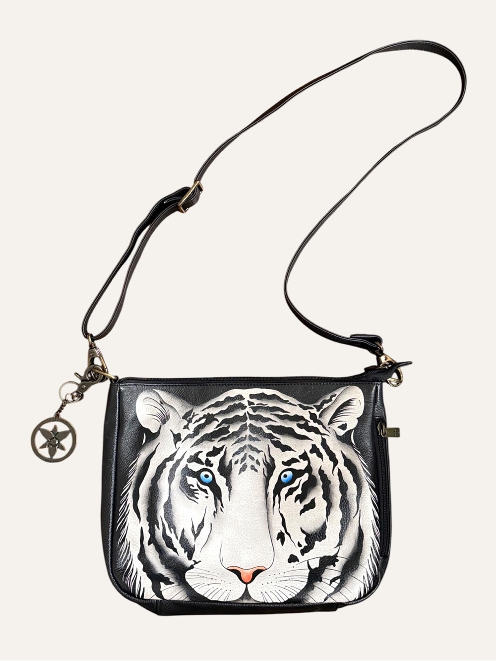 Anuschka hand painted leather White Tiger designer shoulder bag crossbody purse